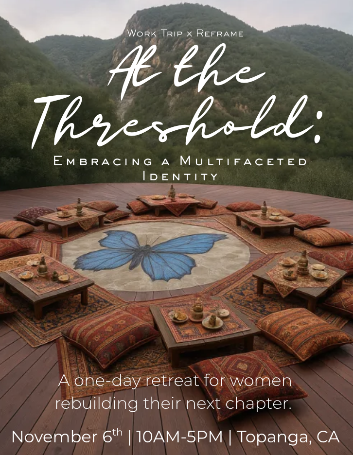 A one-day retreat gathering in the mountains with low tables, cushions, and a painted butterfly in the center